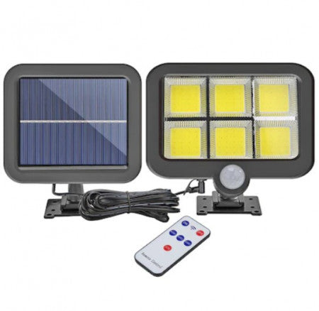 Lampa solara de perete , 6 x COB LED, cu panou solar polisiciliu detasabil, senzor miscare, telecomanda, rezistenta la apa