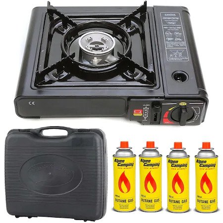 Aragaz camping portabil, alimentare cartus gaz butan, aprindere automata, dubla alimentare, 4 rezerve de gaz