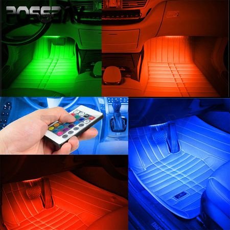 Kit iluminare ambientala auto banda LED RGB, interior masina, 4 benzi, 48 leduri, senzor muzica, multicolor, 12V, cu telecomanda